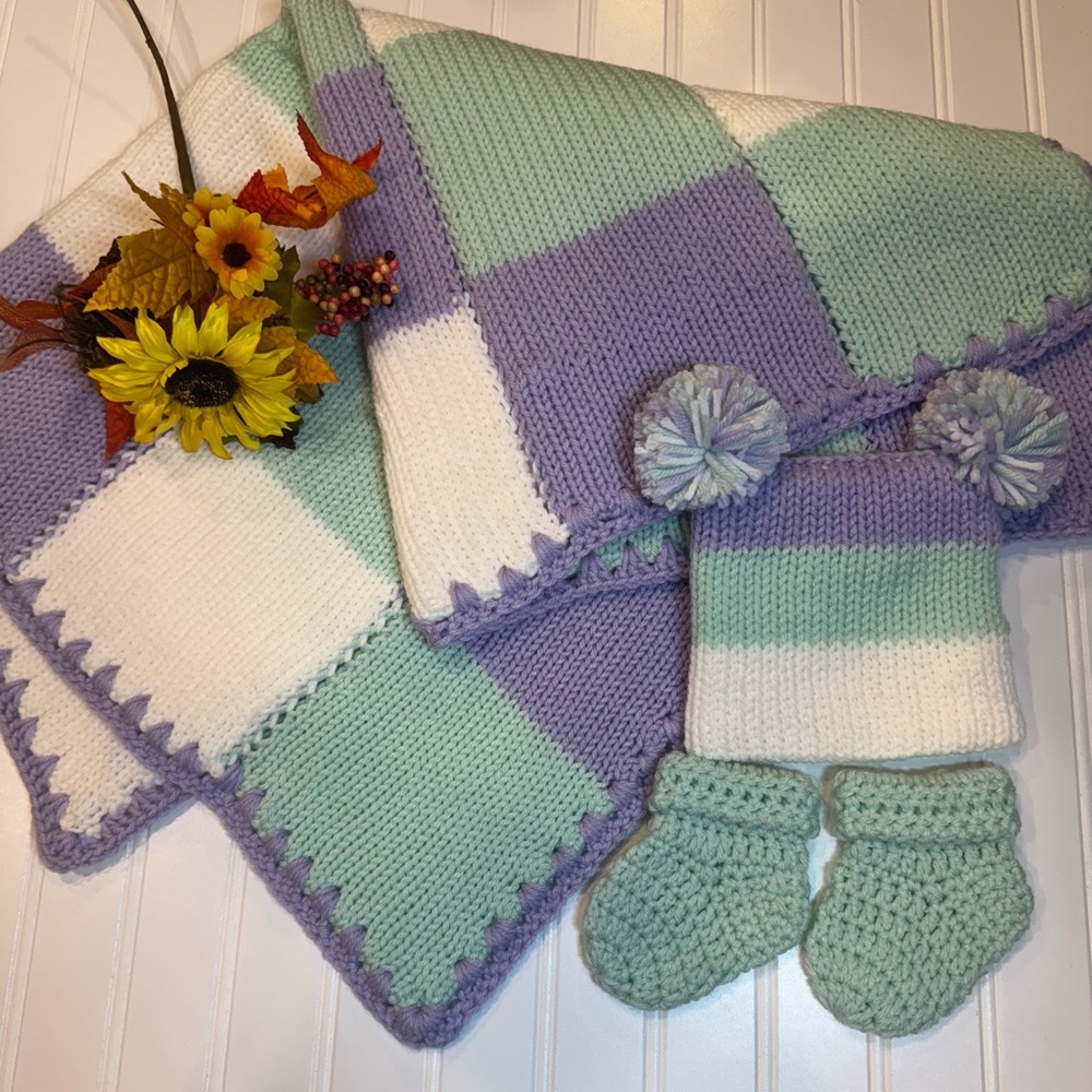Hand-Knit Pastel Mint, Lavender & White Baby Hat, Blanket & Booties Set
